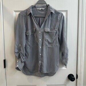 Zara women's navy blue and White Striped Button-Up Shirt size small